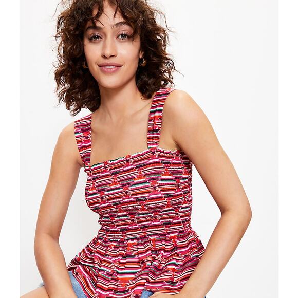 Loft Pink Ikat Smocked Peplum Cami Tank Top Size Medium New Plum Kiss - Picture 1 of 10